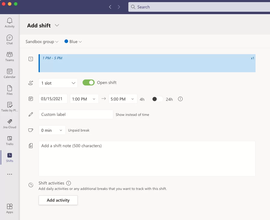 Microsoft Shifts műszak létrehozása